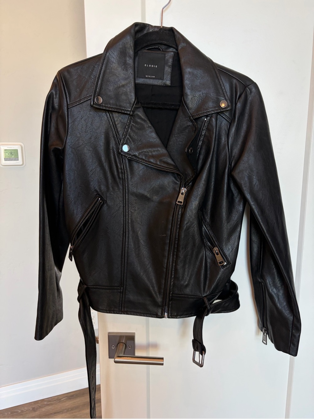Elodie Black Faux Leather Moto Jacket with Belt